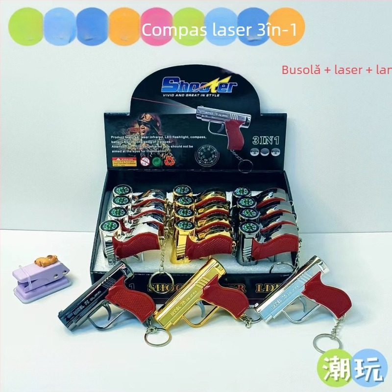 Dispozitiv laser multifuncțional cu lanternă, busolă și lupă – corp din metal și plastic; brand Blue Whale Things; stil: distractiv la modă; potrivit ca dar: alte ocazii; fără logo