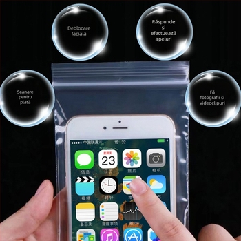 Pungă protecto-medicală de unică folosință pentru telefon, pentru medici și assistente, transparentă, LDPE, compatibilă cu ecranul tactil, sigilare 1,5–2 cm
