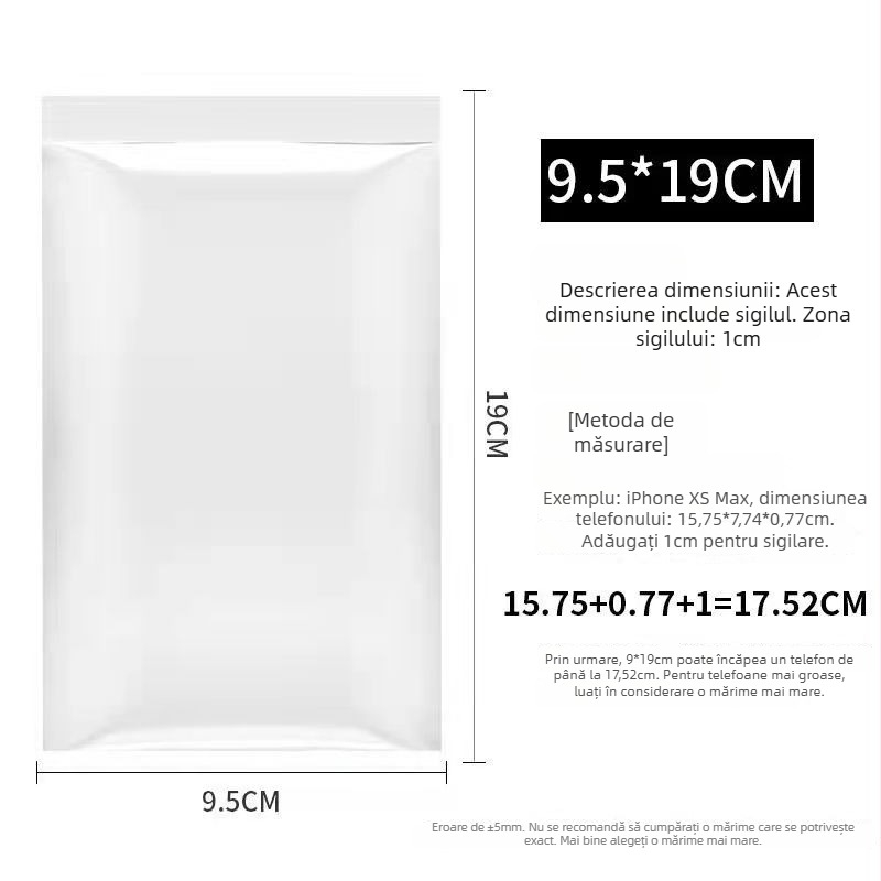 Pungă protecto-medicală de unică folosință pentru telefon, pentru medici și assistente, transparentă, LDPE, compatibilă cu ecranul tactil, sigilare 1,5–2 cm
