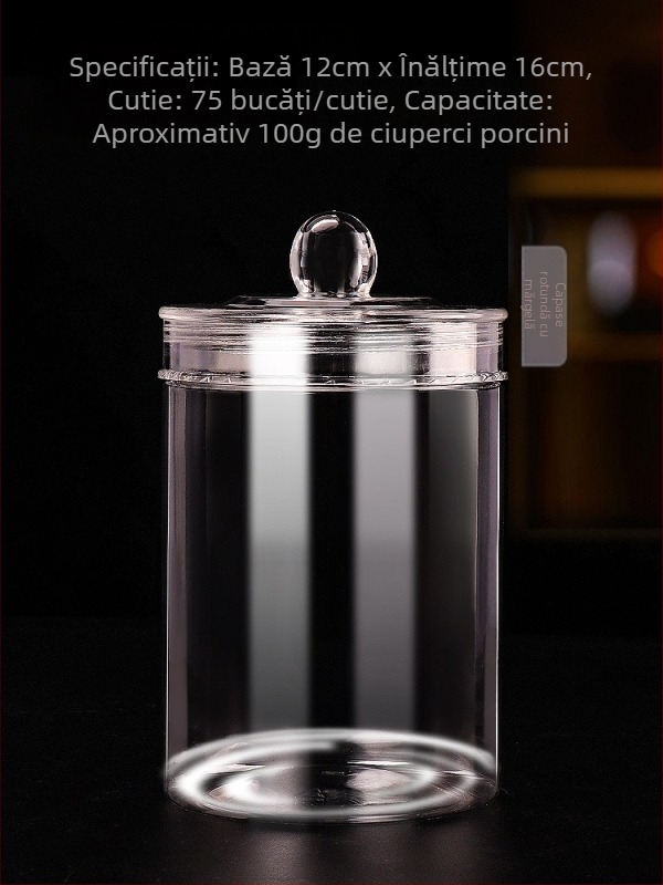 Recipient plastic alimentar cu capac rotund cu mărgele pentru coji de mandarin, fish maw, ciuperci morel și plante medicinale nutritive; material PET, cu capac; personalizare disponibilă; capacități: 1219, 1216, 1523, 1220.