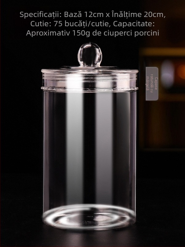 Recipient plastic alimentar cu capac rotund cu mărgele pentru coji de mandarin, fish maw, ciuperci morel și plante medicinale nutritive; material PET, cu capac; personalizare disponibilă; capacități: 1219, 1216, 1523, 1220.