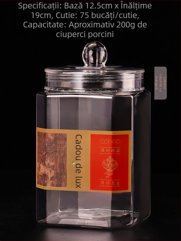 Recipient plastic alimentar cu capac rotund cu mărgele pentru coji de mandarin, fish maw, ciuperci morel și plante medicinale nutritive; material PET, cu capac; personalizare disponibilă; capacități: 1219, 1216, 1523, 1220.