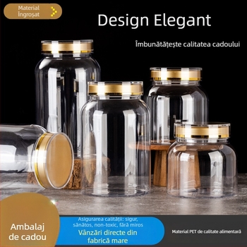 Recipient plastic pentru produse de sănătate, cu capac dublu auriu, PET, container alimentar; conține pulbere de spori și ginseng american; imprimare logo disponibil; capacități 800-1650 ml