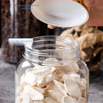 Recipient plastic pentru produse de sănătate, cu capac dublu auriu, PET, container alimentar; conține pulbere de spori și ginseng american; imprimare logo disponibil; capacități 800-1650 ml