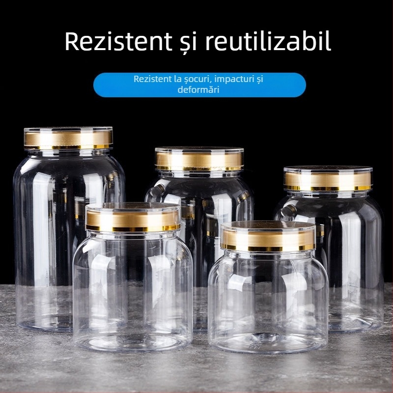 Recipient plastic pentru produse de sănătate, cu capac dublu auriu, PET, container alimentar; conține pulbere de spori și ginseng american; imprimare logo disponibil; capacități 800-1650 ml