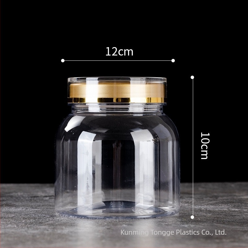 Recipient plastic pentru produse de sănătate, cu capac dublu auriu, PET, container alimentar; conține pulbere de spori și ginseng american; imprimare logo disponibil; capacități 800-1650 ml