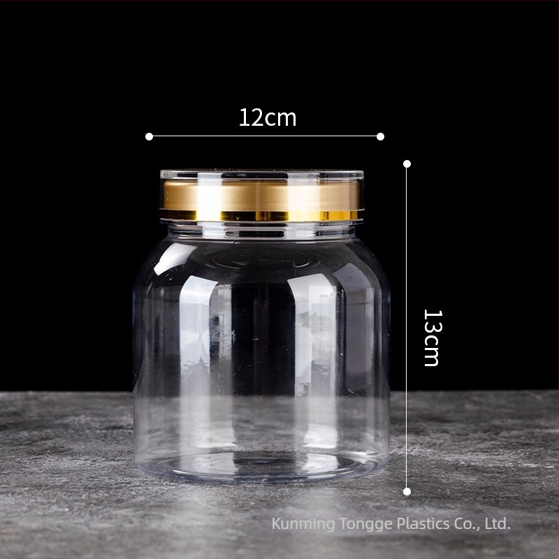 Recipient plastic pentru produse de sănătate, cu capac dublu auriu, PET, container alimentar; conține pulbere de spori și ginseng american; imprimare logo disponibil; capacități 800-1650 ml