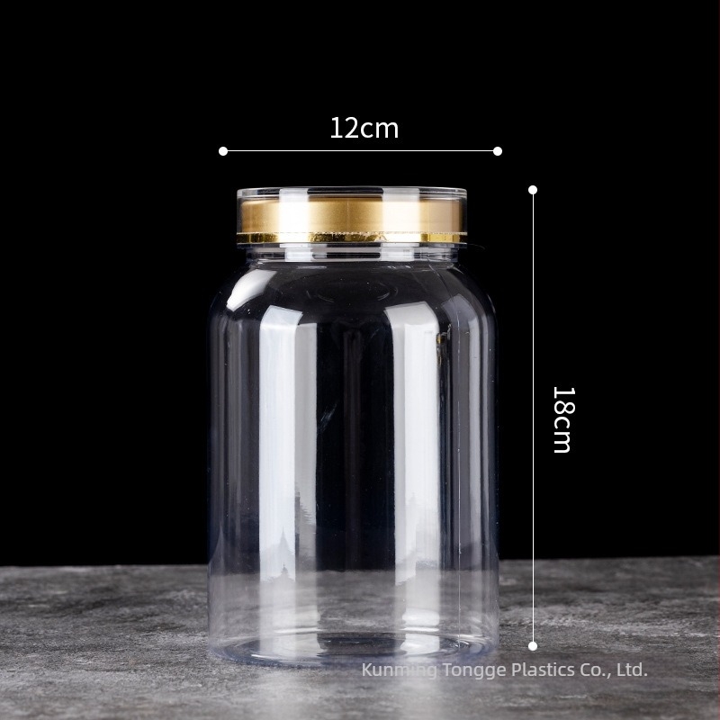 Recipient plastic pentru produse de sănătate, cu capac dublu auriu, PET, container alimentar; conține pulbere de spori și ginseng american; imprimare logo disponibil; capacități 800-1650 ml