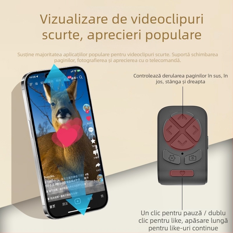 Inel Bluetooth telecomandă pentru tablete și telefoane, declanșator de cameră, instrument pentru selfie, derulare pagini, DY11, 200 mAh, USB-C, rază wireless 10–15 m, purtabil