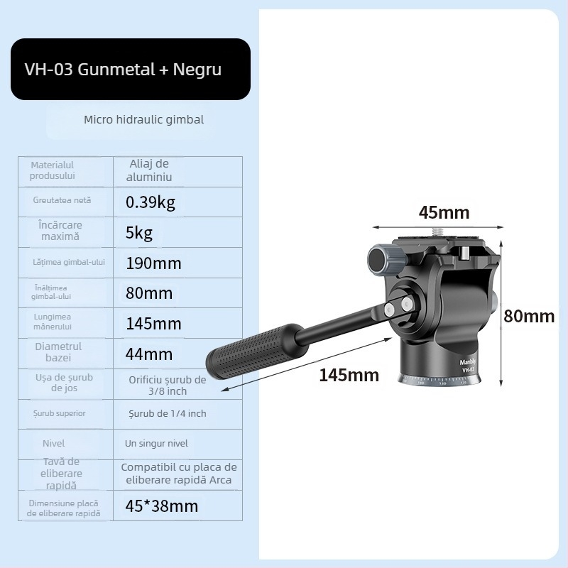 Stabilizator gimbal hidraulic pentru GoPro Max, aliaj de aluminiu, rotație 360° verticală și orizontală, eliberare rapidă ARCA-Swiss, compatibil cu șuruburi 1/4 inch și 3/8 inch, model VH30