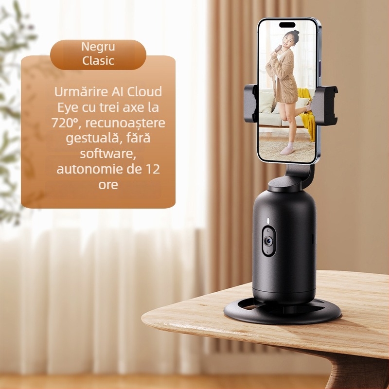 Gimbal de urmărire AI cu recunoaștere facială, rotație orizontală de 360°, suport de birou, material ABS, greutate 330 g