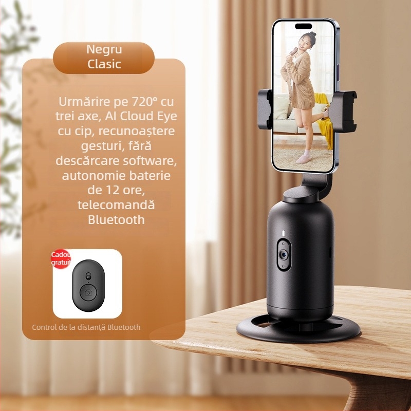 Gimbal de urmărire AI cu recunoaștere facială, rotație orizontală de 360°, suport de birou, material ABS, greutate 330 g