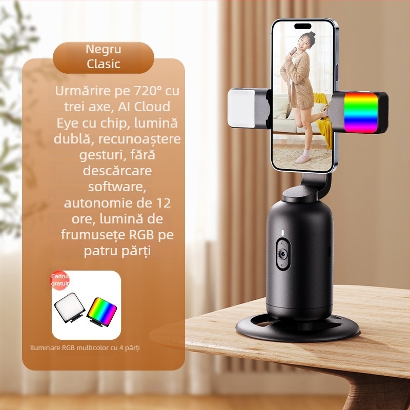 Gimbal de urmărire AI cu recunoaștere facială, rotație orizontală de 360°, suport de birou, material ABS, greutate 330 g
