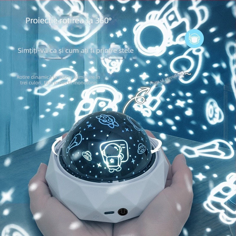 Proiector de stele pentru copii cu temă astronaut, lampă de noapte muzicală, efect de stele, Bluetooth, telecomandă, USB sau baterie încorporată, fără control inteligent