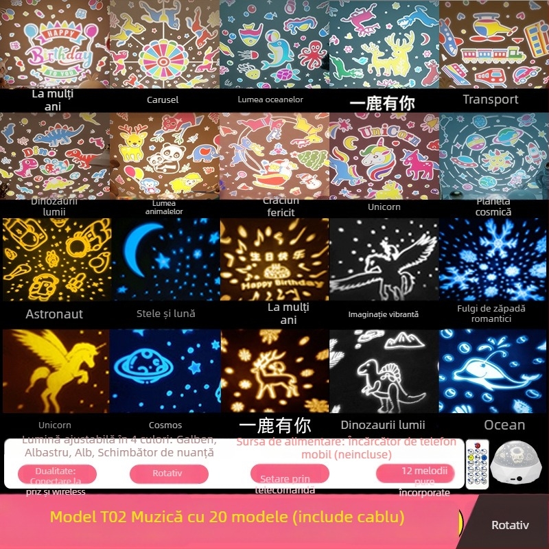 Proiector de stele pentru copii cu temă astronaut, lampă de noapte muzicală, efect de stele, Bluetooth, telecomandă, USB sau baterie încorporată, fără control inteligent