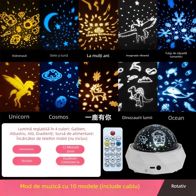 Proiector de stele pentru copii cu temă astronaut, lampă de noapte muzicală, efect de stele, Bluetooth, telecomandă, USB sau baterie încorporată, fără control inteligent
