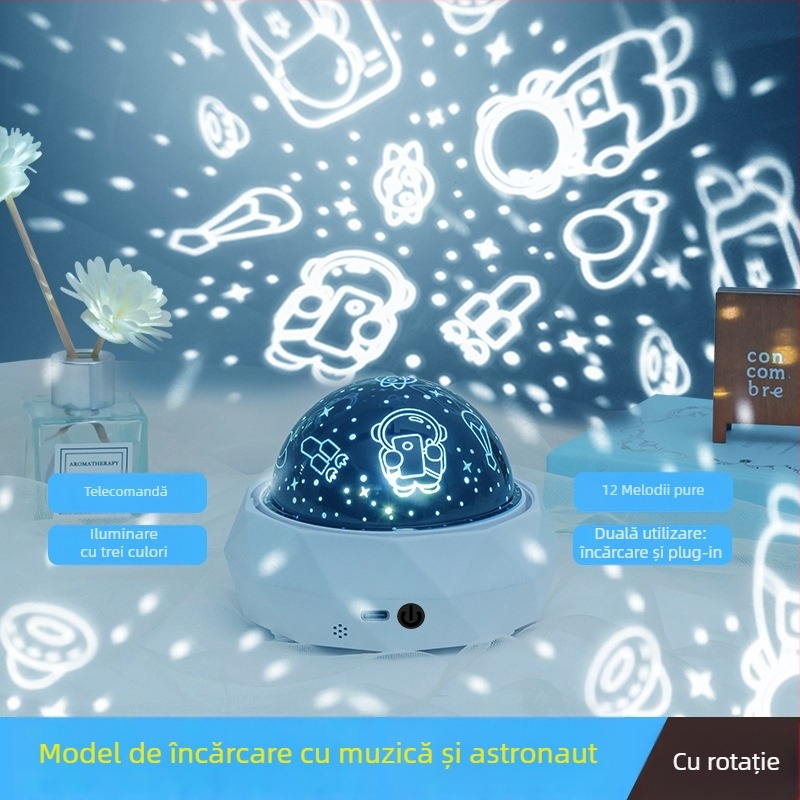 Proiector de stele pentru copii cu temă astronaut, lampă de noapte muzicală, efect de stele, Bluetooth, telecomandă, USB sau baterie încorporată, fără control inteligent