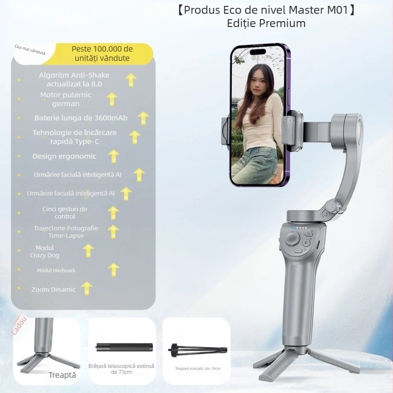 Stabilizator portabil pentru telefon cu trei axe, urmărire facială, Bluetooth, telecomandă, model M01