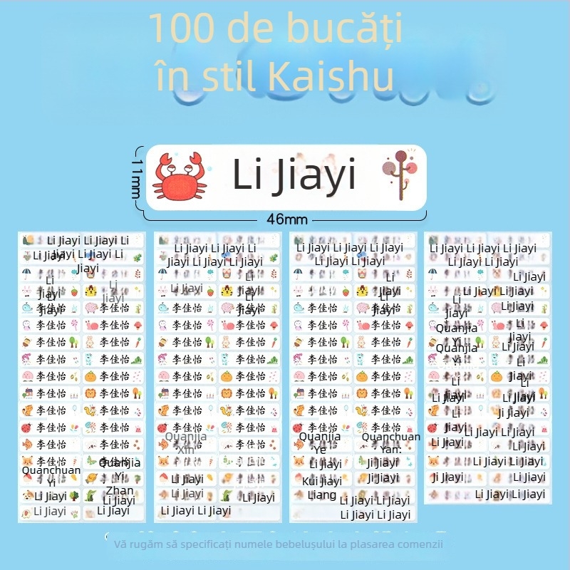 Etichete cu nume pentru grădiniță și școala primară, design cartoon, etichete transparente autoadezive, impermeabile, etichete scrise de mână, dimensiune 11x46 mm