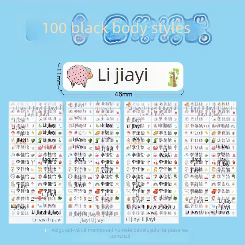 Etichete cu nume pentru grădiniță și școala primară, design cartoon, etichete transparente autoadezive, impermeabile, etichete scrise de mână, dimensiune 11x46 mm