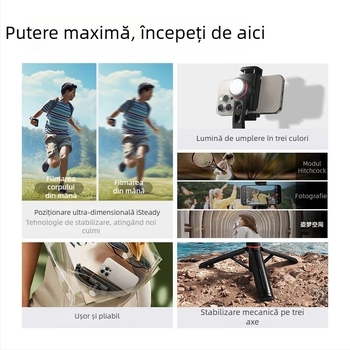 Stabilizator gimbal inteligent cu AR pentru telefoane, băț selfie manual pentru vloguri și streaming live