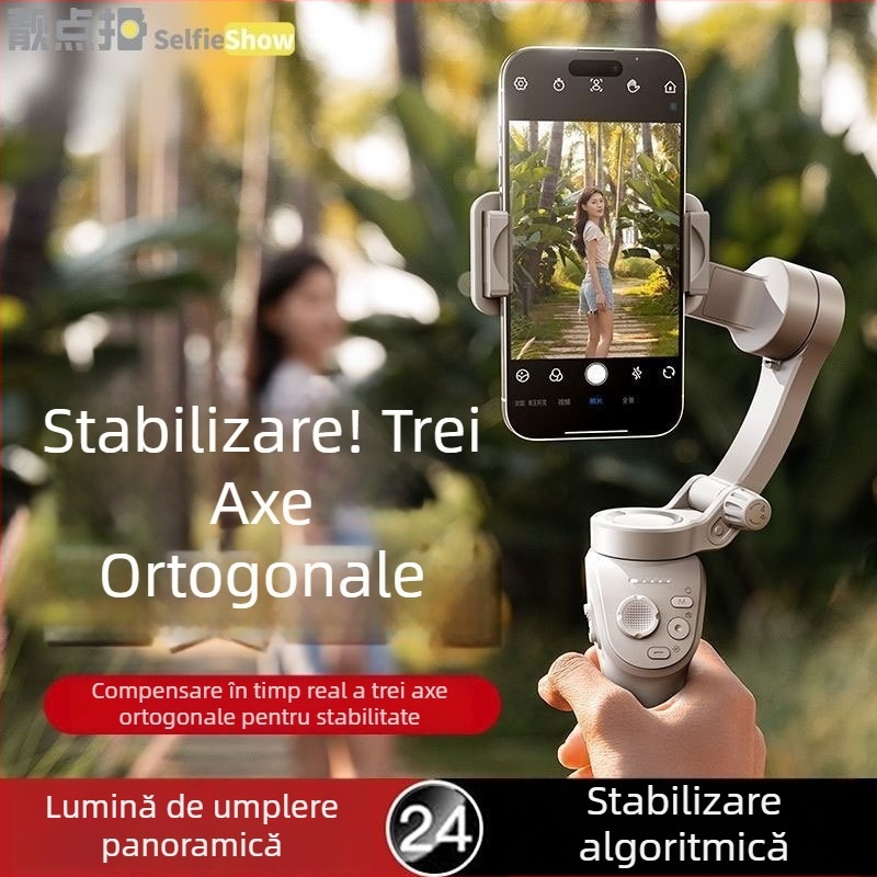 Stabilizator gimbal inteligent cu AR pentru telefoane, băț selfie manual pentru vloguri și streaming live