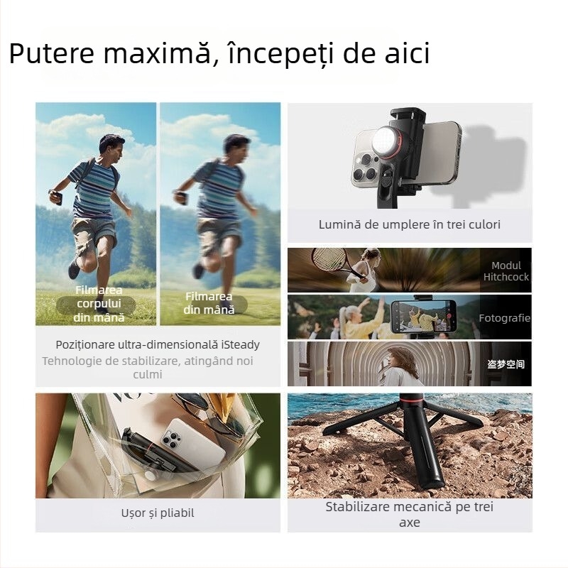 Stabilizator gimbal inteligent cu AR pentru telefoane, băț selfie manual pentru vloguri și streaming live
