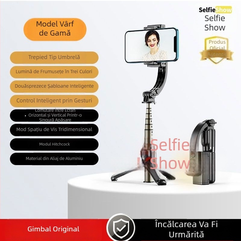 Stabilizator gimbal inteligent cu AR pentru telefoane, băț selfie manual pentru vloguri și streaming live