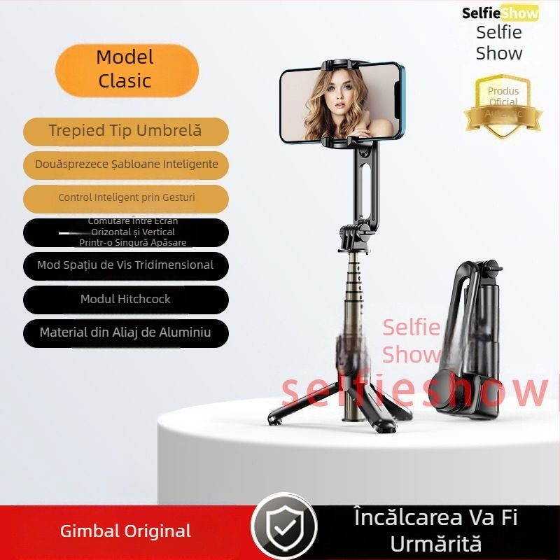 Stabilizator gimbal inteligent cu AR pentru telefoane, băț selfie manual pentru vloguri și streaming live