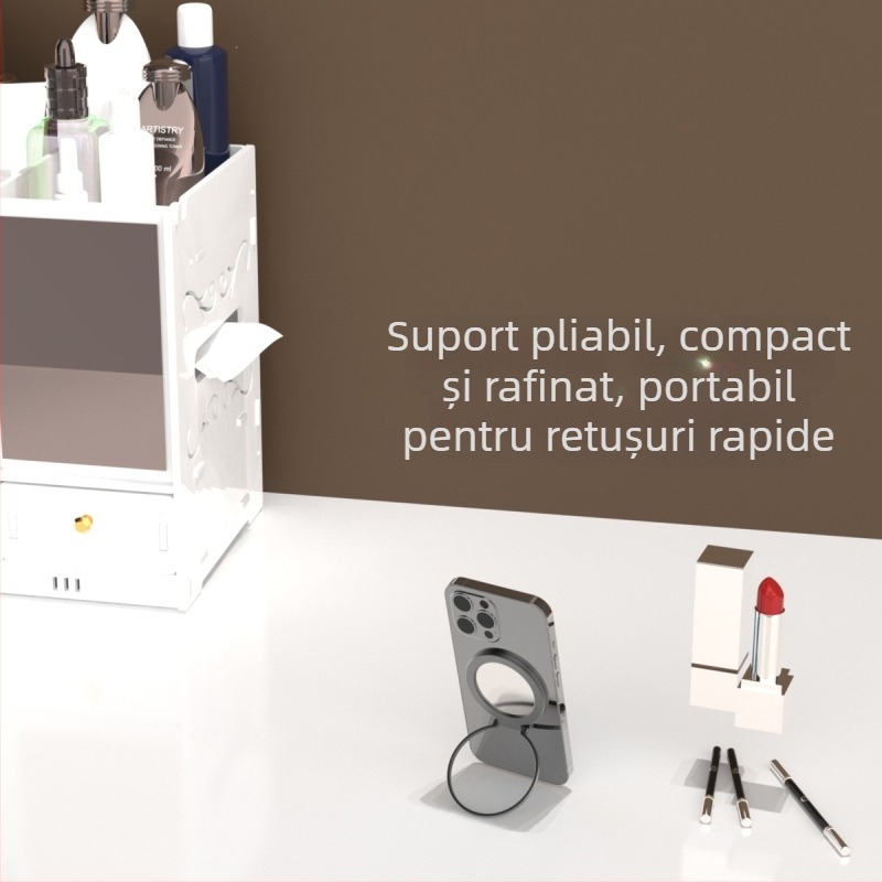 Suport pentru telefon cu braț magnetic în formă de inel, pliabil, portabil, oglindă pentru selfie, aliaj de aluminiu