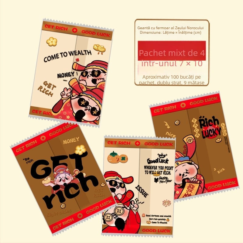 Qinfeng pungi de ambalare alimentare sigilate termic, material compozit, variante 4-in-1 și 3-in-1 God of Wealth pentru bomboane