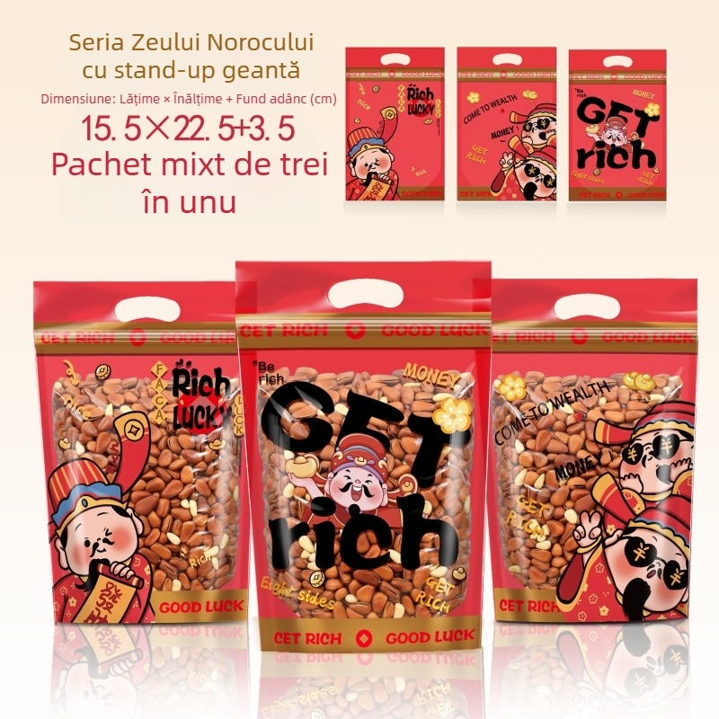 Qinfeng pungi de ambalare alimentare sigilate termic, material compozit, variante 4-in-1 și 3-in-1 God of Wealth pentru bomboane