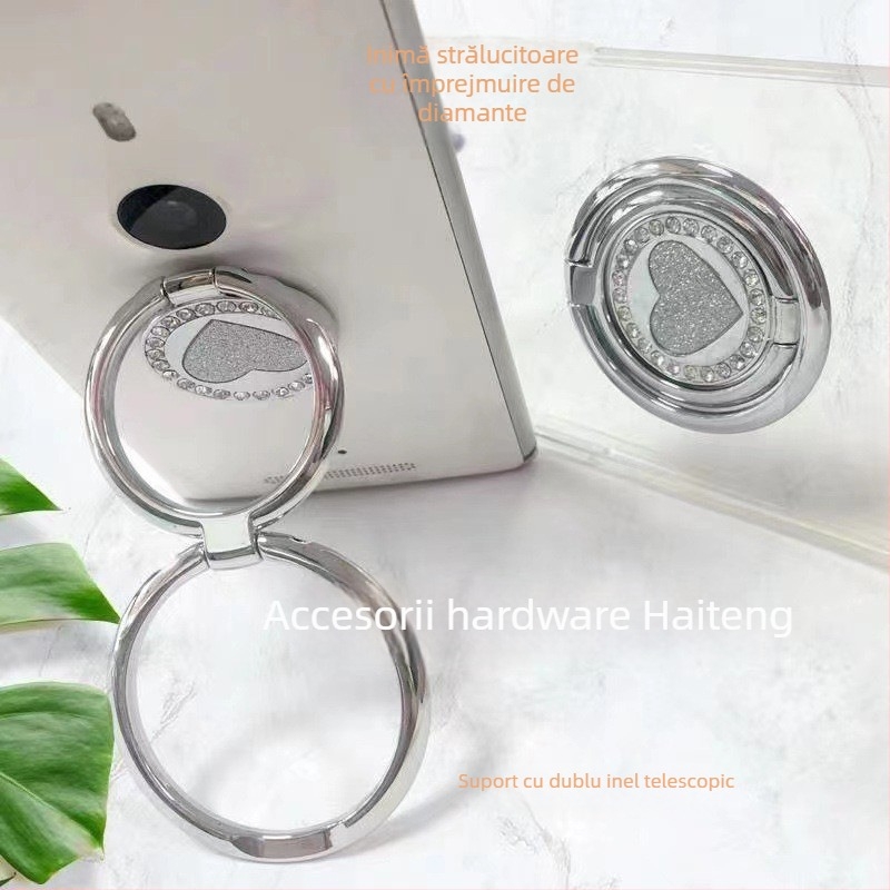 Suport pentru telefon cu inel dublu în formă de inimă, aliaj de zinc, braț telescopic retractabil, placare metalică, accent diamant