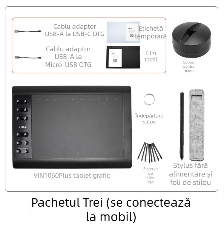 Wencai VIN1060PLUS 1060 tabletă de desen – interfață USB, corp ABS, pix pasiv (fără încărcare), se conectează la PC și la telefon, potrivită pentru pictură și lecții online