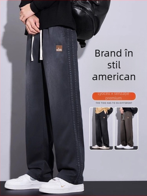 Pantaloni bărbătești cu croială largă, drepti, talie înaltă, lungi, poliester, pentru primăvară-toamnă