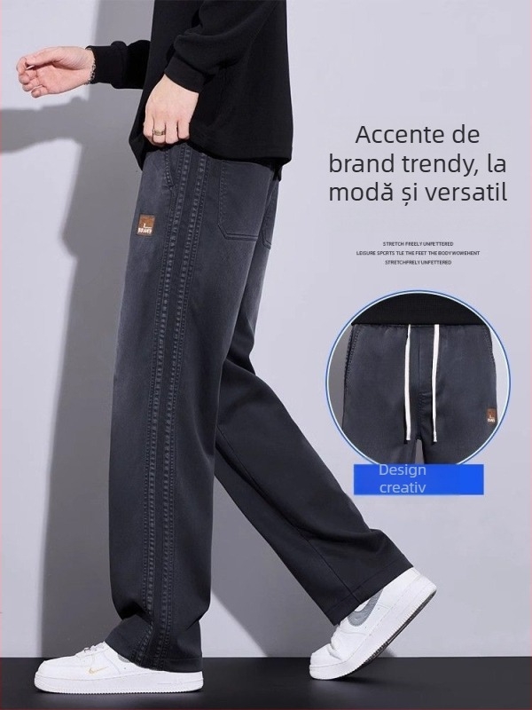 Pantaloni bărbătești cu croială largă, drepti, talie înaltă, lungi, poliester, pentru primăvară-toamnă