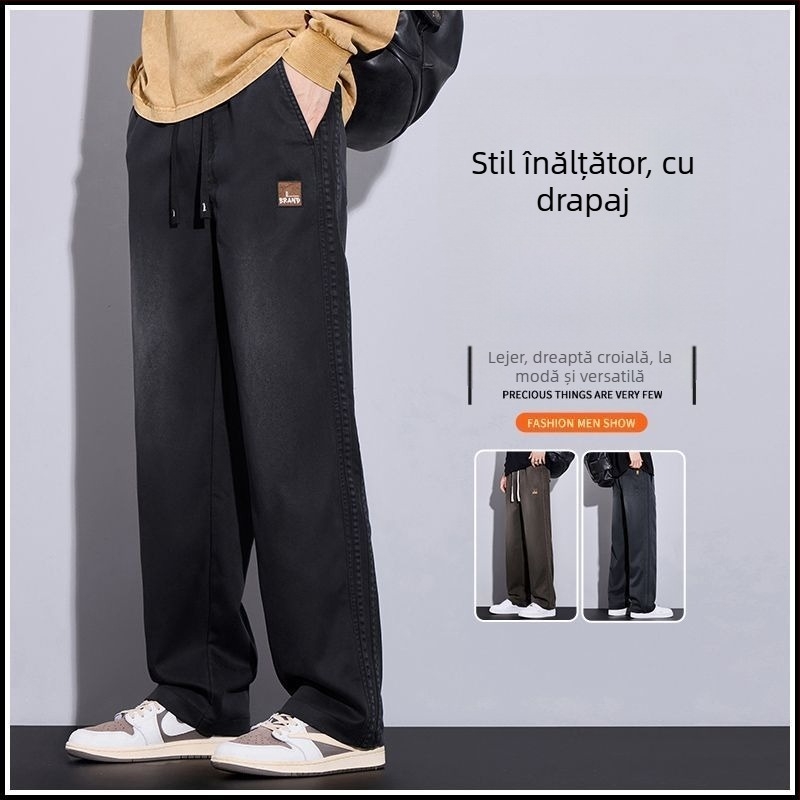 Pantaloni bărbătești cu croială largă, drepti, talie înaltă, lungi, poliester, pentru primăvară-toamnă