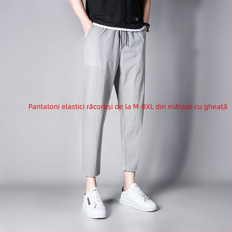 Pantaloni sport casual pentru bărbați, croi larg, lungime cropped, nailon elastic, uscare rapidă, închidere cu șnur