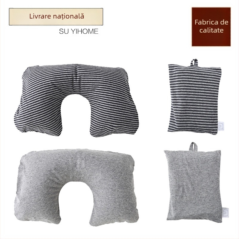Pernă de gât gonflabilă în formă de U pentru călătorii, umplută cu gaz, țesătură exterioară din bumbac și miez din fibre chimice – pentru un singur utilizator, suport portabil pentru gât