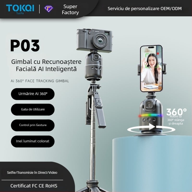 Gimbal pentru telefon cu urmărire AI a feței, suport de birou 360°, compatibilitate universală a telefoanelor, fără aplicație, greutate 248 g, Tokqi/Tuoyi P03
