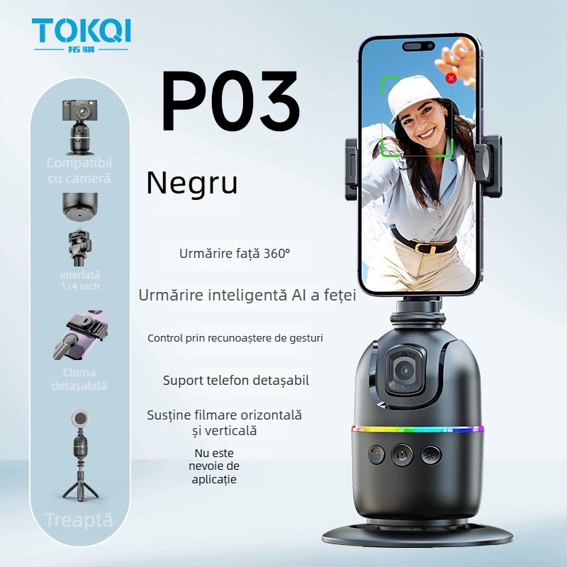Gimbal pentru telefon cu urmărire AI a feței, suport de birou 360°, compatibilitate universală a telefoanelor, fără aplicație, greutate 248 g, Tokqi/Tuoyi P03