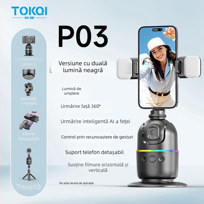 Gimbal pentru telefon cu urmărire AI a feței, suport de birou 360°, compatibilitate universală a telefoanelor, fără aplicație, greutate 248 g, Tokqi/Tuoyi P03