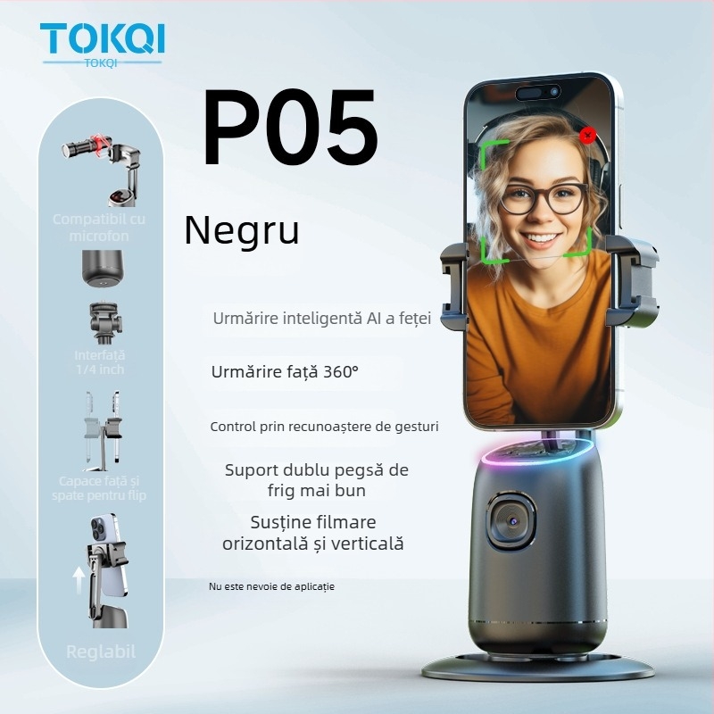 Gimbal pentru telefon cu urmărire AI a feței, suport de birou 360°, compatibilitate universală a telefoanelor, fără aplicație, greutate 248 g, Tokqi/Tuoyi P03