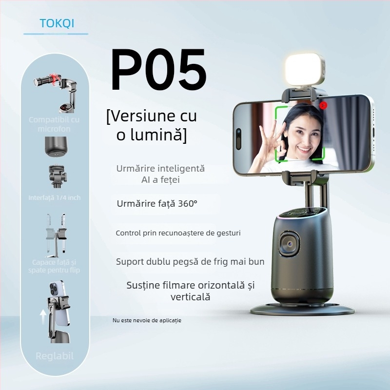 Gimbal pentru telefon cu urmărire AI a feței, suport de birou 360°, compatibilitate universală a telefoanelor, fără aplicație, greutate 248 g, Tokqi/Tuoyi P03