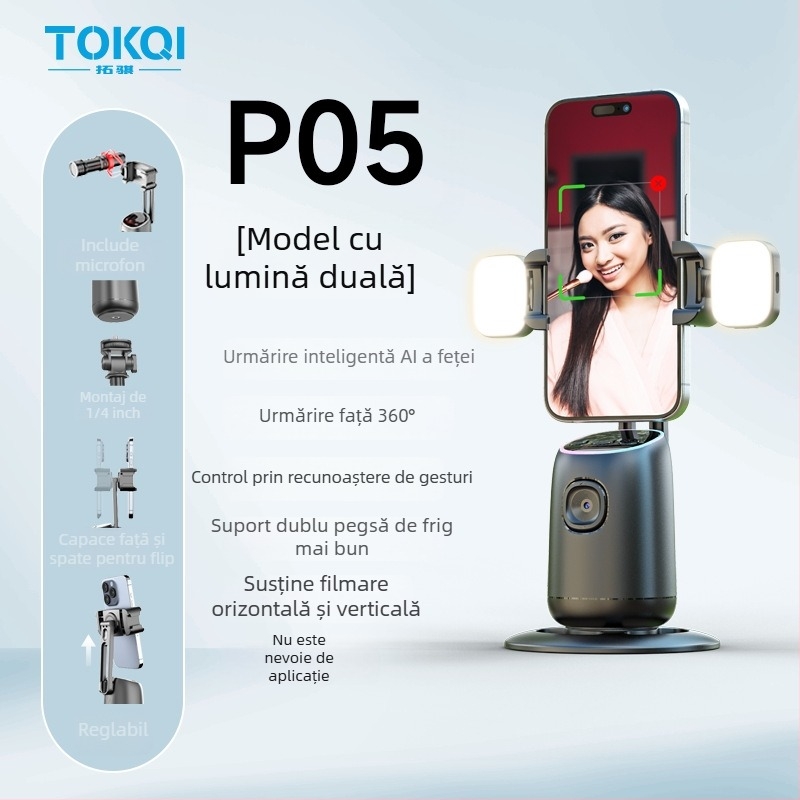 Gimbal pentru telefon cu urmărire AI a feței, suport de birou 360°, compatibilitate universală a telefoanelor, fără aplicație, greutate 248 g, Tokqi/Tuoyi P03