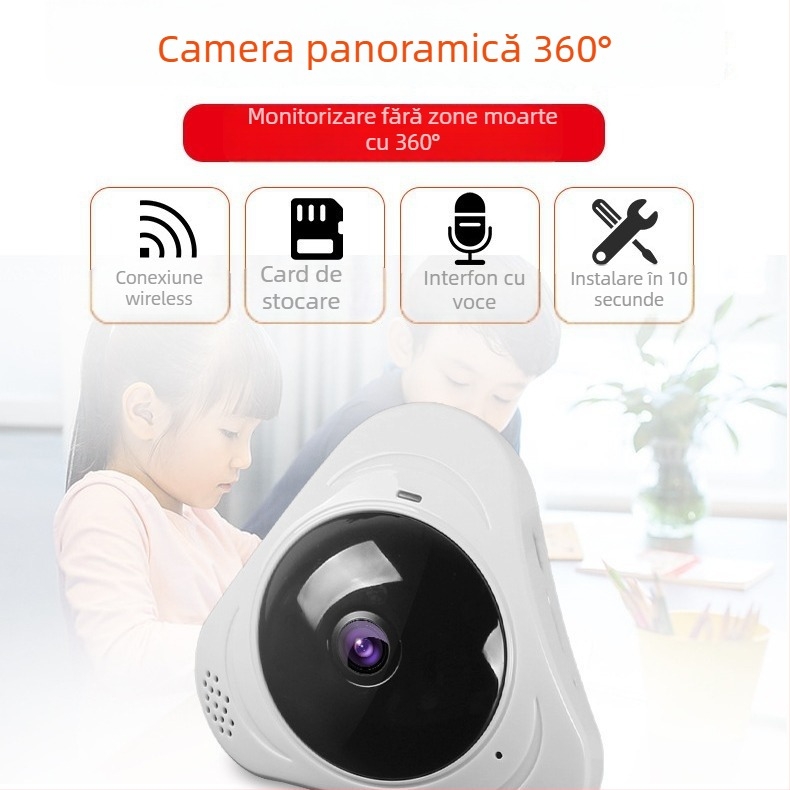 Cameră Wi-Fi wireless pentru interior, cu fisheye panoramic de 360°, obiectiv 2.8mm, 960P HD, vizualizare IR până la 10m, alimentare 5V
