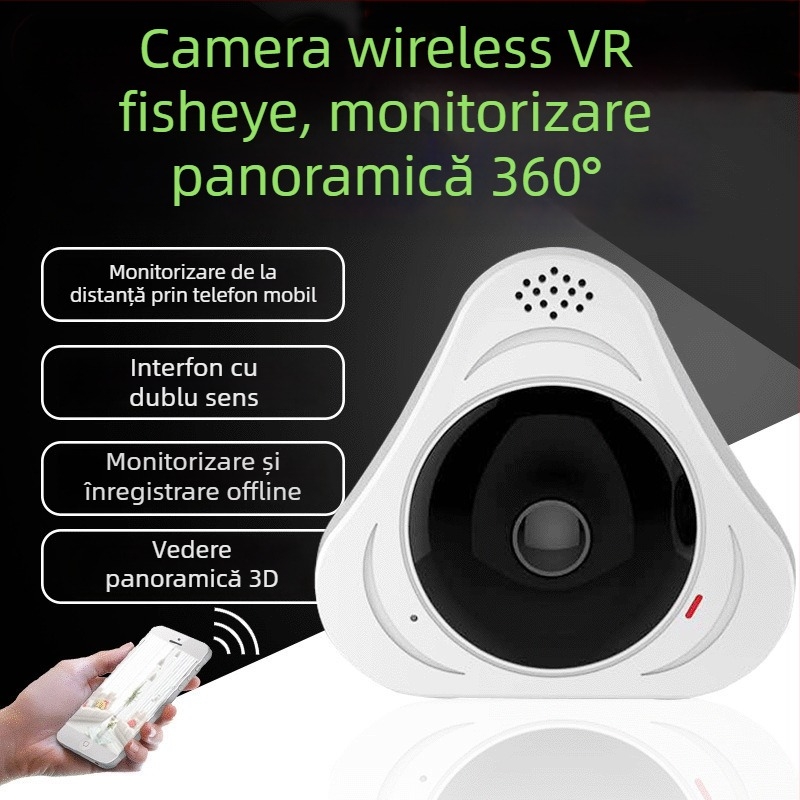 Cameră Wi-Fi wireless pentru interior, cu fisheye panoramic de 360°, obiectiv 2.8mm, 960P HD, vizualizare IR până la 10m, alimentare 5V
