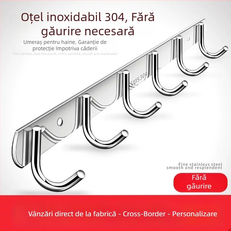 Cuier din oțel inoxidabil 304, fără găuri, pentru ușile bucătăriei și băii — montaj pe perete pentru depozitare și haine, stil simplu și modern, certificat CUPC
