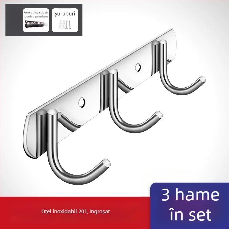 Cuier din oțel inoxidabil 304, fără găuri, pentru ușile bucătăriei și băii — montaj pe perete pentru depozitare și haine, stil simplu și modern, certificat CUPC