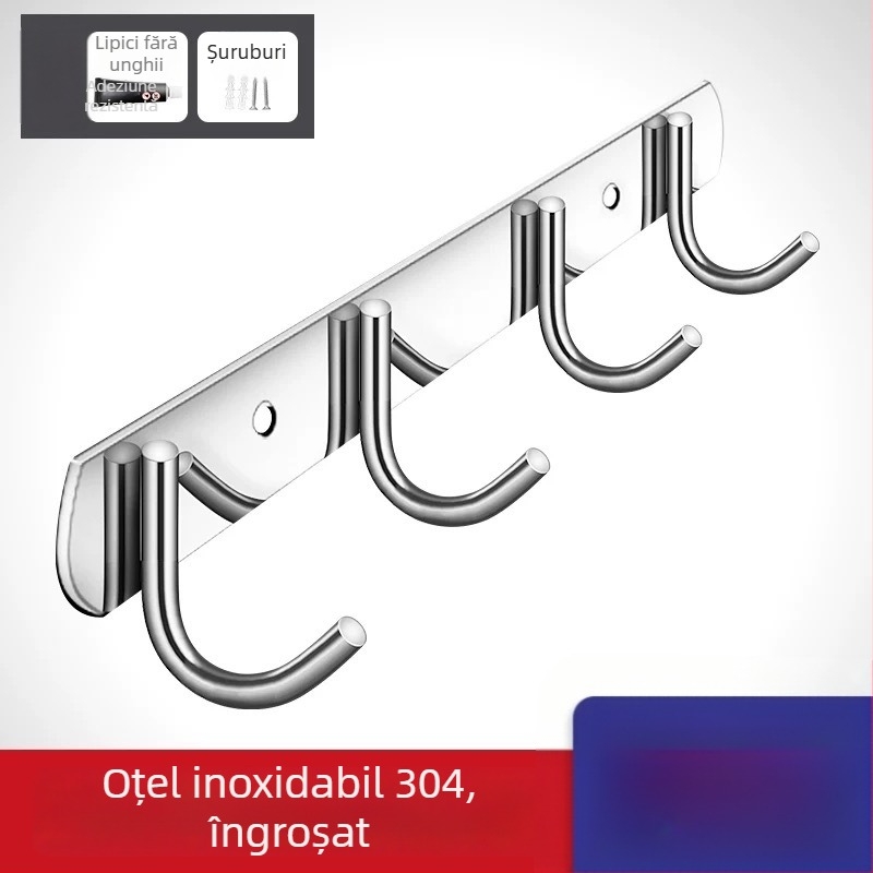 Cuier din oțel inoxidabil 304, fără găuri, pentru ușile bucătăriei și băii — montaj pe perete pentru depozitare și haine, stil simplu și modern, certificat CUPC